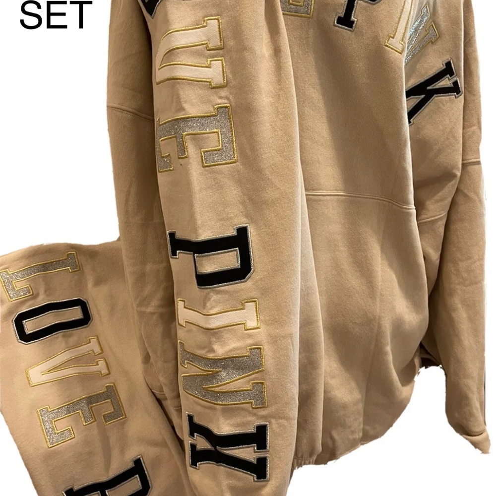 NEW BLING 2PC SET VICTORIAS SECRET PINK VARSITY FULL ZIP JACKET & SWEATPANTS